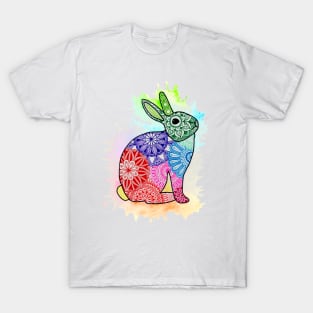 Rainbow rabbit mandala with watercolor splash T-Shirt